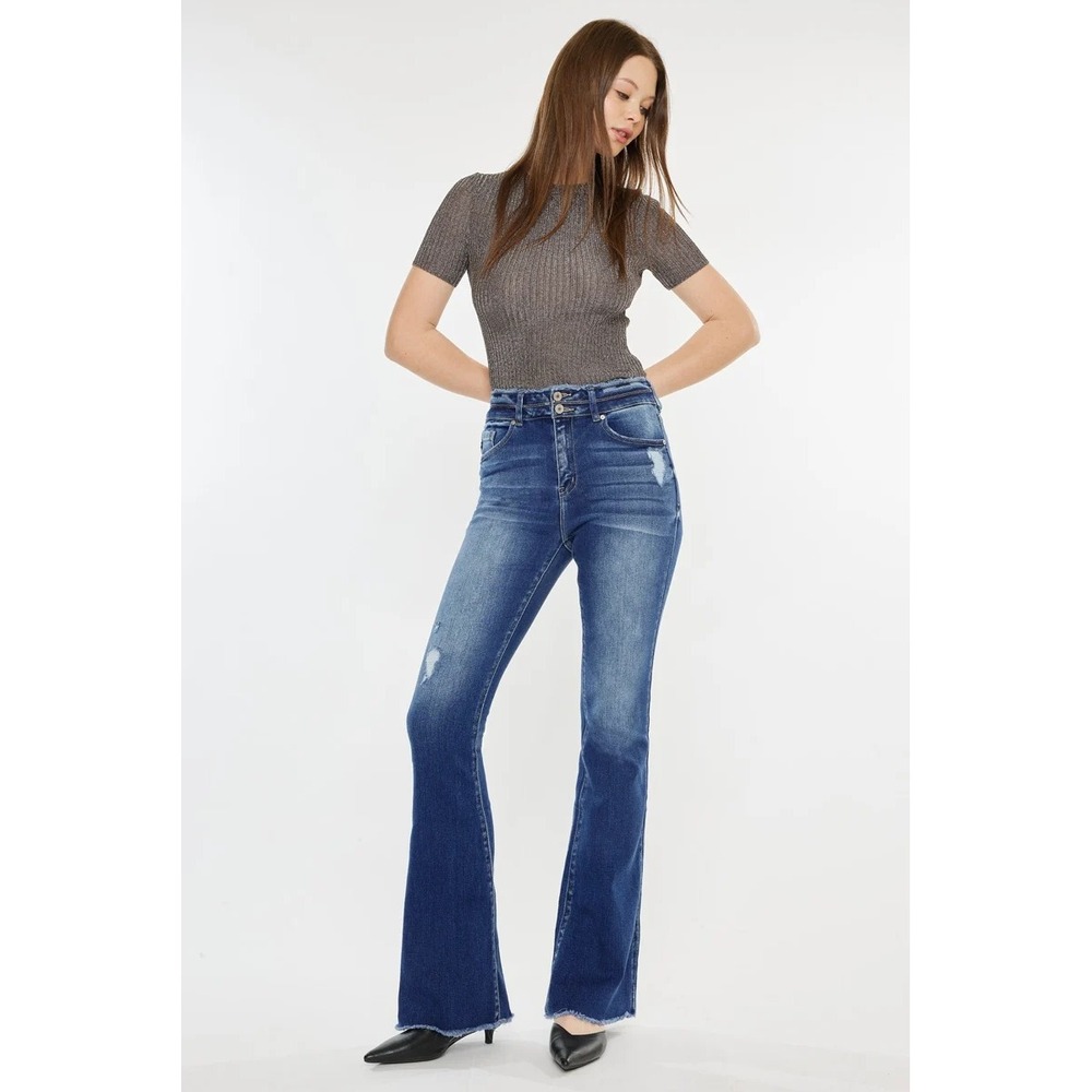 KanCan Women Flare Jeans Blue Distressed High Rise Retro Boho 26/32 - Picture 1 of 7
